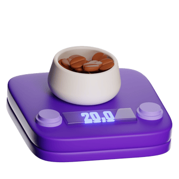 Coffee beans being weighed on purple digital kitchen scale with transparent background png