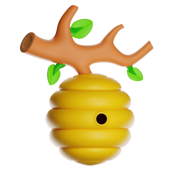 Cartoon beehive hanging on a tree branch with green leaves on transparent background png