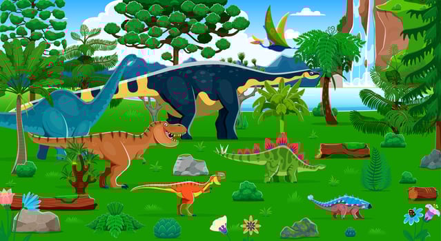 Dinosaurs in a colorful prehistoric landscape vector