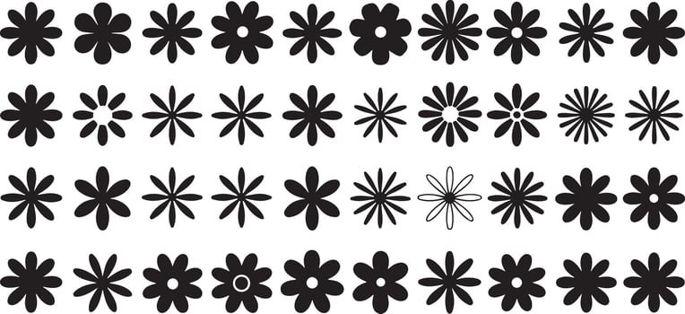 Black Silhouette Flower Designs Set Various Styles Simple Floral Elements Graphic Pattern Repeating Row Black and White Minimalist Botanical Illustration vector