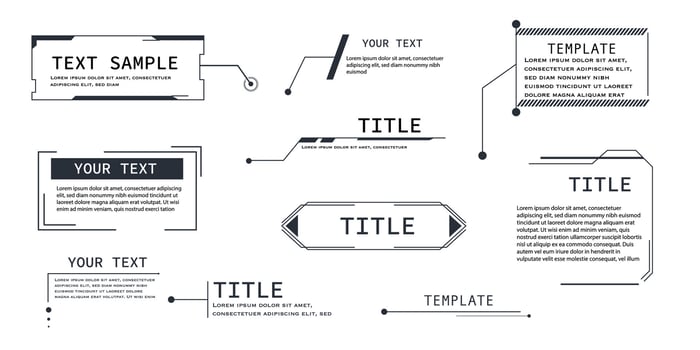 Collection Modern callout text box HUD design with arrows, info bars, and black rectangular shapes. Great for advertising, sports news, or virtual dashboards. vector