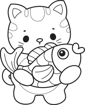 Outline of kitten bring a gold fish. Coloring pages of Kawaii animal kitty for scrapbook and sticker. vector