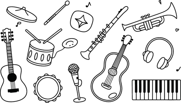 Black and white musical instruments and notes illustration vector