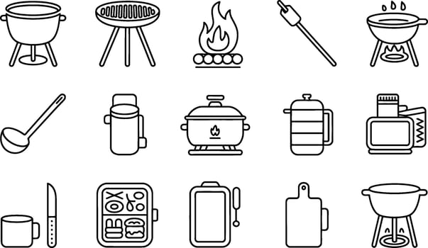 Camping and Cooking Icons Set Black Outlined Illustrations vector