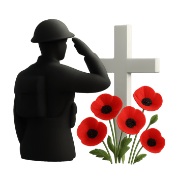 Saluting Soldier Silhouette at a Memorial with Poppy Flowers png