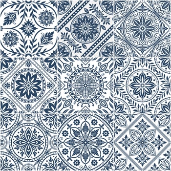 blue and white patterned tiles vector