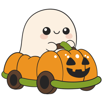 halloween ghost on pumpkin vehicle in cute flat color cartoon design png