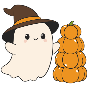 halloween cute ghost with a stack of pumpkins in flat color cartoon style png