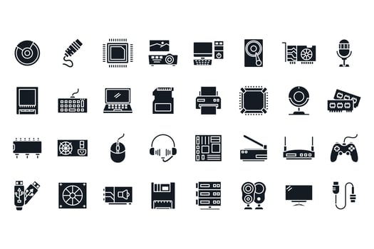 computer hardware solid set icons pack vector
