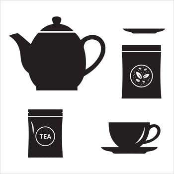Collection of black tea related icons including a teapot tea bags and cup vector