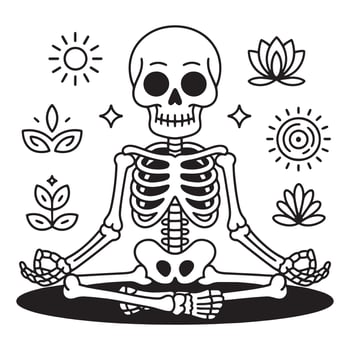 Skeleton meditating in lotus pose surrounded by spiritual symbols and celestial elements vector