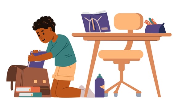 Boy packing backpack with supplies vector