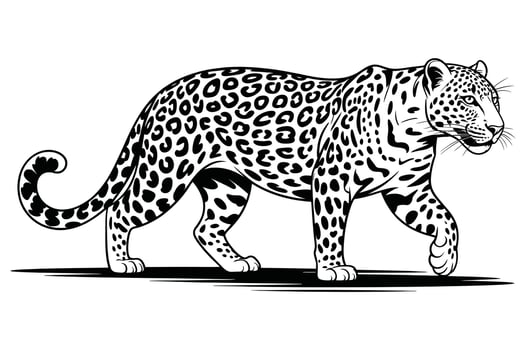 Black and white illustration of a walking leopard with spots on a white background vector