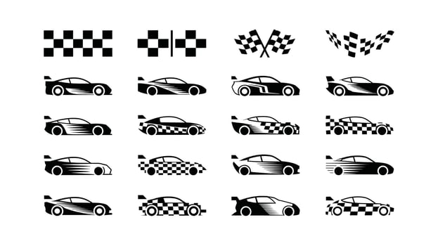 Collection of Racing Car and Checkered Flag Icons in Black and White vector