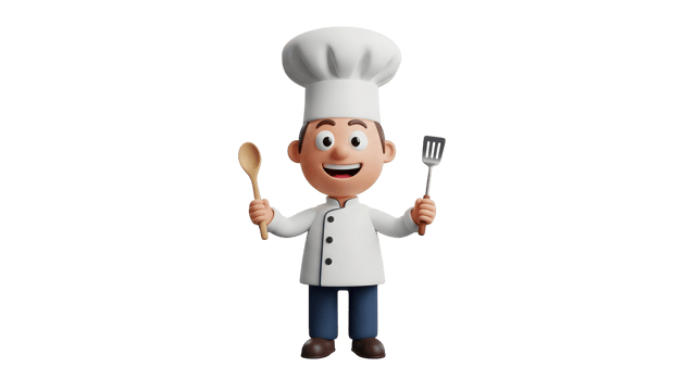3D render of a cheerful cartoon chef character holding a wooden spoon and a metal spatula, on transparent background. png