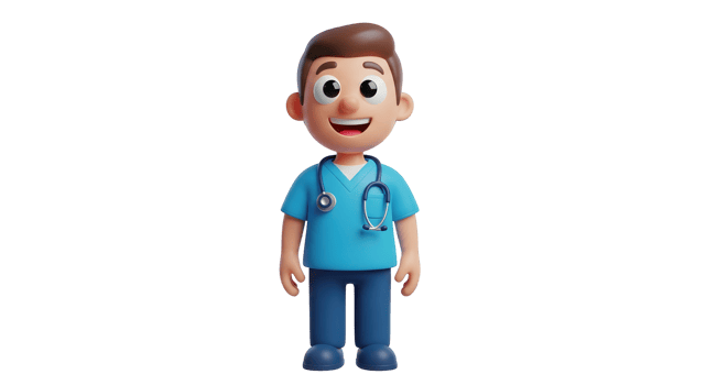 Happy male doctor 3d cartoon character wearing blue scrubs and stethoscope, medical concept on transparent background png