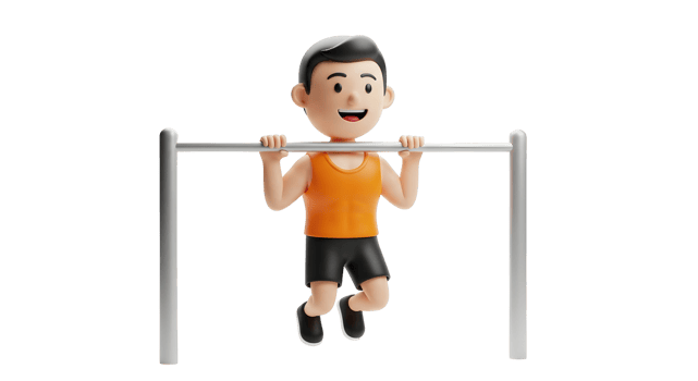 Cartoon man doing pull up exercise on a bar. Fitness workout, healthy lifestyle, and gym concept render on transparent background. png