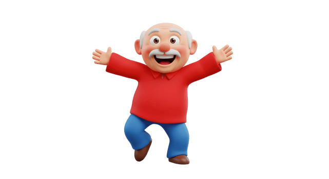 Smiling cartoon old man with open arms and raised hands concept. Character 3D render illustration on transparent background. png