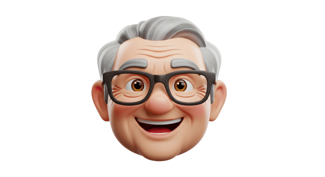 Happy cheerful mature man in glasses close up on transparent background. Joyful senior character avatar. png