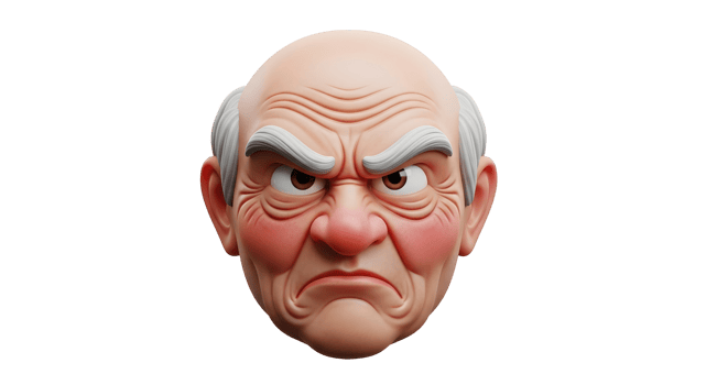 Grumpy old man with an angry facial expression. Male cartoon character head for mascot, avatar, or graphic design element on transparent background. png