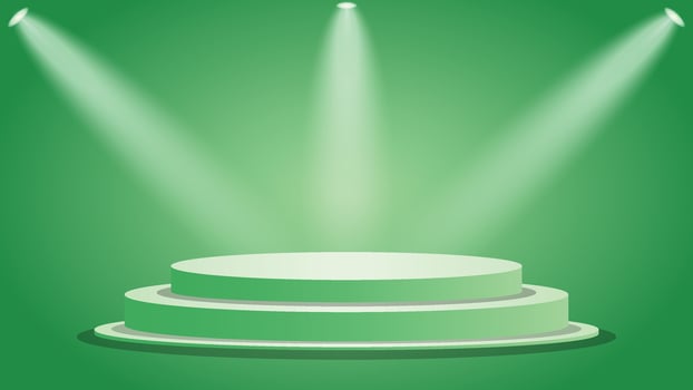 Vibrant green podium background featuring round stage and glowing spotlights ideal for product displays, presentations, advertising, banners, posters, and digital design projects vector