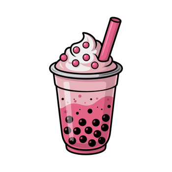 A pink bubble tea drink is topped with whipped cream and pink pearls, with a large straw inserted for sippin png