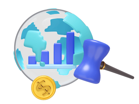 3D render of a globe featuring a bar chart, a golden dollar coin, and a judge's gavel. Illustrates global finance, economic data, international law, and market trends. png