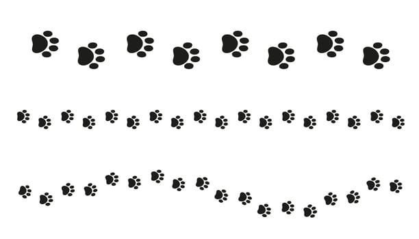 Paw print trail border separator silhouette. clipart of animal tracks in a row. Perfect for pet-themed designs, invitations, greeting cards, or website dividers. vector