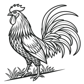 Majestic rooster standing in grass with flowing tail feathers chicken bird vector