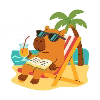 A cute brown capybara is sitting in a beach chair with a book and a glass of orange juice vector