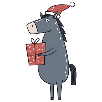 A cute horse wearing a Santa Claus hat holds a gift box. Flat illustration in simple children's style vector