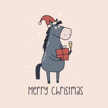 Cute horse in Santa Claus hat holding gift box and champagne glass, happy Christmas inscribed. Christmas card vector