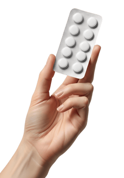 Hand holding blister pack of white pills, medication or supplement, isolated on transparent background, pharmacy, treatment, prescription drugs, healthcare png