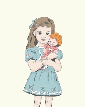 vintage girl and doll doodle vector