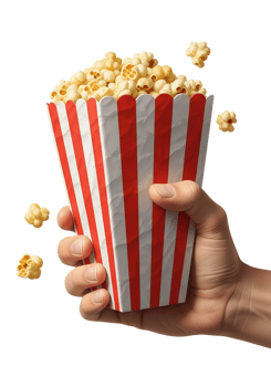 Hand holding classic red-and-white striped popcorn bucket, movie theater snack, isolated on transparent background, cinema food png