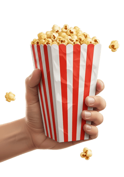 Hand holding red and white striped popcorn container, movie snack isolated on transparent background, cinema food png