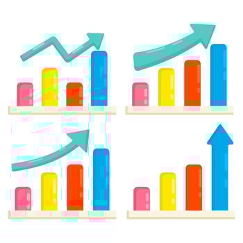 Financial Data. Bar chart with uptrend and up arrow, negative or positive dynamic, Investment Growth and Decline. different icons, market or economic indicator.Business Trends. vector