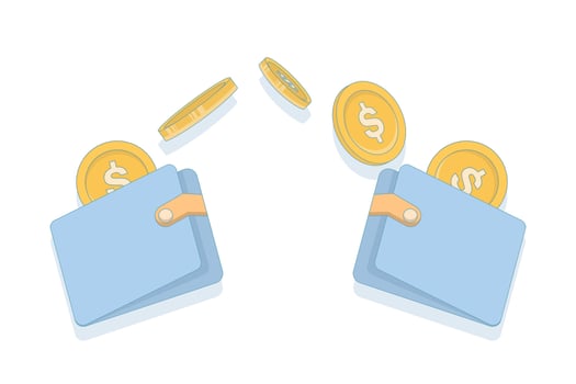 Money transfer or payment concept. two wallets exchanging gold coins. Digital Wallet, Secure Payment, Transfer. Icon illustration in cartoon style. vector