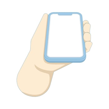 flat illustration of hand holding mobile phone, showing recommendation, advertising mobile app.Mobile phone screen in hand. blank smartphone display, flat illustration isolated on background. vector