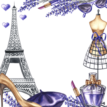 A frame depicting Parisian fashion. The illustrations are hand-drawn watercolors. The Eiffel Tower, perfume, lavender, French Bret, glasses, women's shoes, and a tailor's dummy. A square template. png