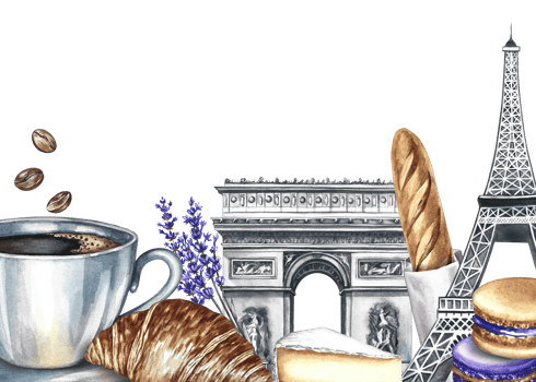 A frame with images of Parisian landmarks and cuisine. Hand-drawn watercolor illustration. Baguette, cheese, croissant, almond biscuit, and a cup of coffee, the Eiffel Tower, and the Arc de Triomphe. png