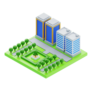 Isometric towers with green landscape. 3d illustration of towers with green landscape png