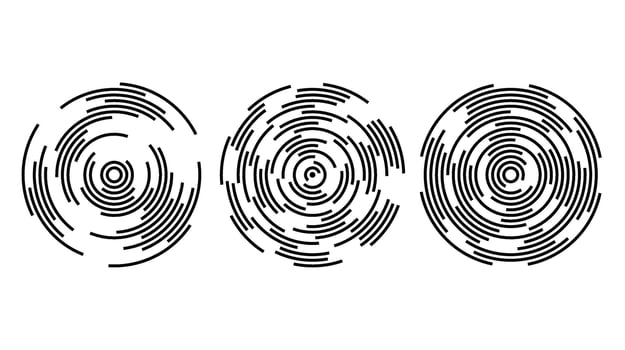 Concentric circle segments set. Rippled round patten background. Sonar or sound wave rings collection. Epicentre, target, radar icon concept. Radial signal or vibration elements. vector