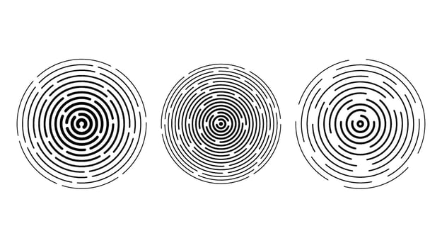 Concentric circle segments set. Rippled round patten background. Sonar or sound wave rings collection. Epicentre, target, radar icon concept. Radial signal vibration elements vector