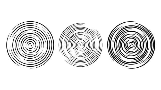 Concentric circle segments set. Rippled round patten background. Water or sound wave rings collection. Epicentre, target, radar icon concept. Radial signal or vibration elements. vector