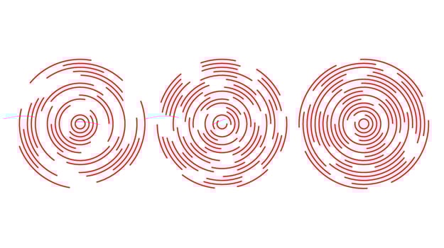 Red concentric circle segments set. Rippled round patten background. Sonar or sound wave rings collection. Epicentre, target, radar icon concept. Radial signal or vibration elements. vector