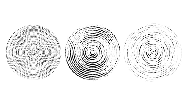 Concentric halftone circles set. Dotted rings collection. Epicentre, target, radar icon concept. Sound wave, Radial signal, vibration or water elements. vector