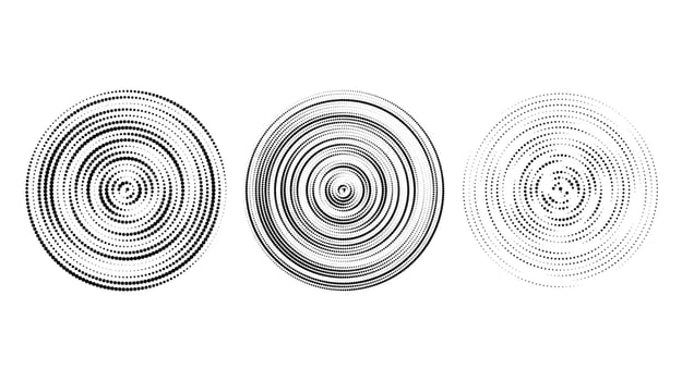 Concentric halftone circle set. Dotted rings collection. Epicentre, target, radar icon concept. Sound wave, Radial signal, vibration or water elements. vector