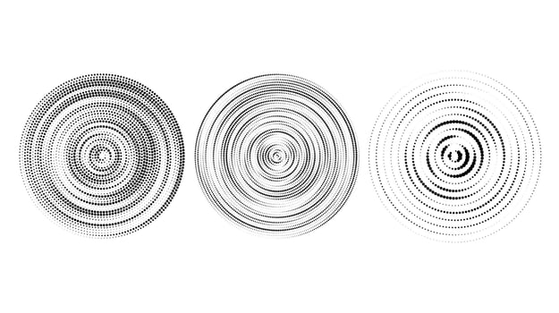 Halftone concentric circles set. Dotted rings collection. Epicentre, target, radar icon concept. Sound wave, radial signal, vibration or water elements. vector