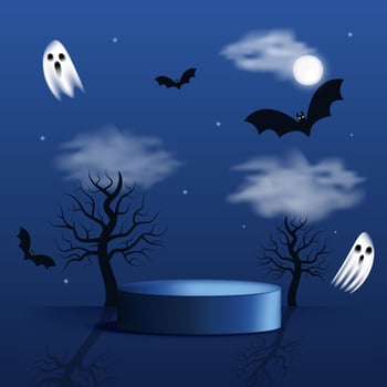 Happy Halloween scene with bats, full moon, podium, ghosts, trees and copy space. Ideal spooky mockup on dark blue background. illustration vector